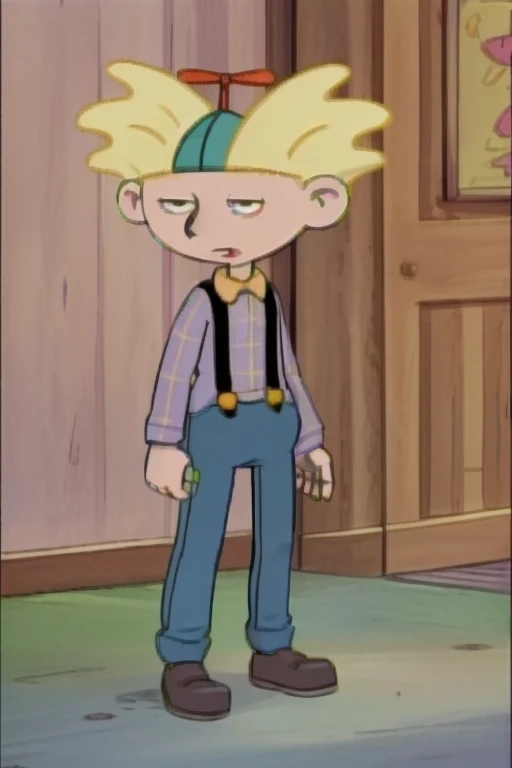 <lora:Arnie - Hey Arnold - 1996:1.0>, arnie_ha, yellow hair, propeller hat, pale blue shirt with yellow plaid, mouth, suspenders, dark blue slacks, socks, dark shoes,<lora:LCM_SD15_2MB:1.0>