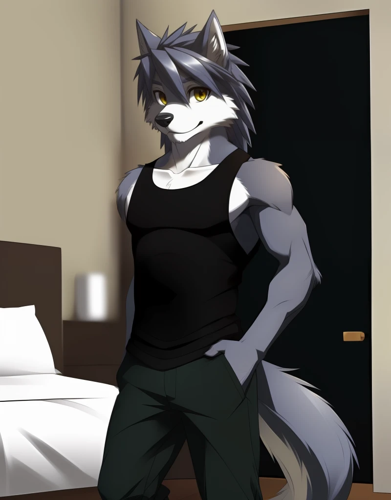 (((detailed eyes, detailed face))), (furry, kouya <lora:character_kouya_findigo_v2:1>, two-tone fur, grey hair, wolf boy, snout, yellow eyes), male, (solo), (plump), (black tank top, sleeveless, green pants), standing, (arms behind back), smile, (front view) BREAK (konzaburou, ukan_muri, cute), bedroom, (flat shading, high brightness), 8k, UHD, masterpiece, (full body)