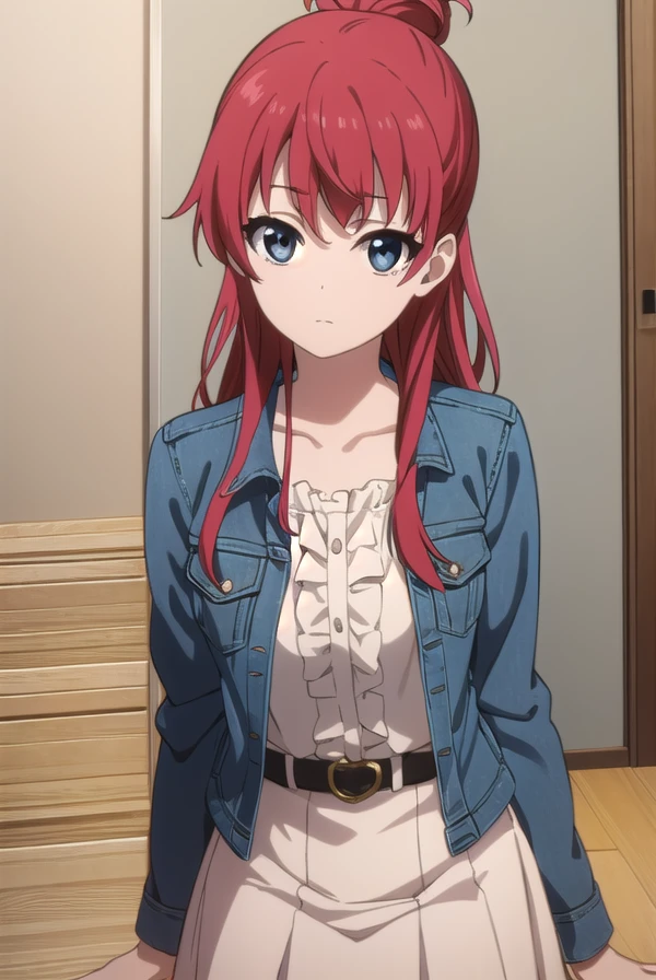 shizukasakaki, <lora:shizuka sakaki s1-lora-nochekaiser:1>,
shizuka sakaki, long hair, blue eyes, red hair, hair bun, single hair bun,
BREAK skirt, jacket, blue jacket, white shirt, frills, frilled shirt, pink skirt, belt, denim jacket,
BREAK indoors, office,
BREAK looking at viewer, dynamic pose,
BREAK <lyco:GoodHands-beta2:1>, (masterpiece:1.2), best quality, high resolution, unity 8k wallpaper, (illustration:0.8), (beautiful detailed eyes:1.6), extremely detailed face, perfect lighting, extremely detailed CG, (perfect hands, perfect anatomy),