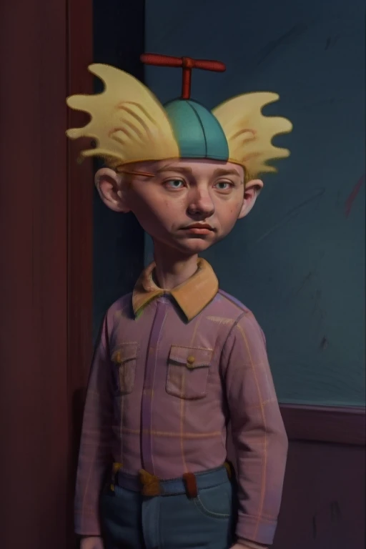 <lora:Arnie - Hey Arnold - 1996:1.0>, arnie_ha, yellow hair, propeller hat, pale blue shirt with yellow plaid, mouth, suspenders, upper body, realistic,  <lora:Add_realistic:2.0>,  <lora:Add_exposure_control_v10:-0.5>,  <lora:add_low_resolution:-0.5><lora:LCM_SD15_2MB:1.0>