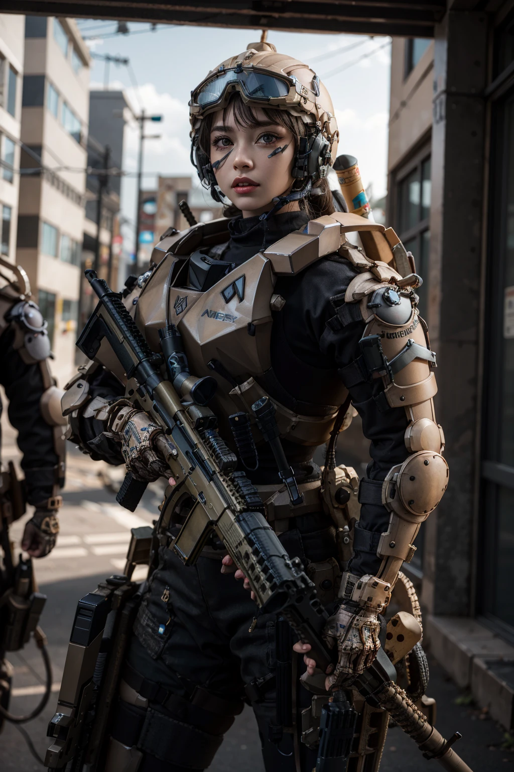 solo,1girl,outdoors,cityscape,(cowboy shot:1.3),<lora:0300 Individual soldier exoskeleton armor suit_v1:0.9>,ruanyi0300,armor,assault rifle,belt,gloves,goggles,holding weapon,m4 carbine,mecha,robot,holding gun,standing,, (incredibly absurdres, ultra-detailed,CG ,unity ,8k wallpaper),(masterpiece),(realistic),(photorealistic:1.2),(raw photo:1.2), (best quality:1.2), (detailed face :1.4),(beautiful detailed eyes :1.2),(detailed hair),light on face, huge filesize ,cinematic lighting, 1 girl ,sexy,