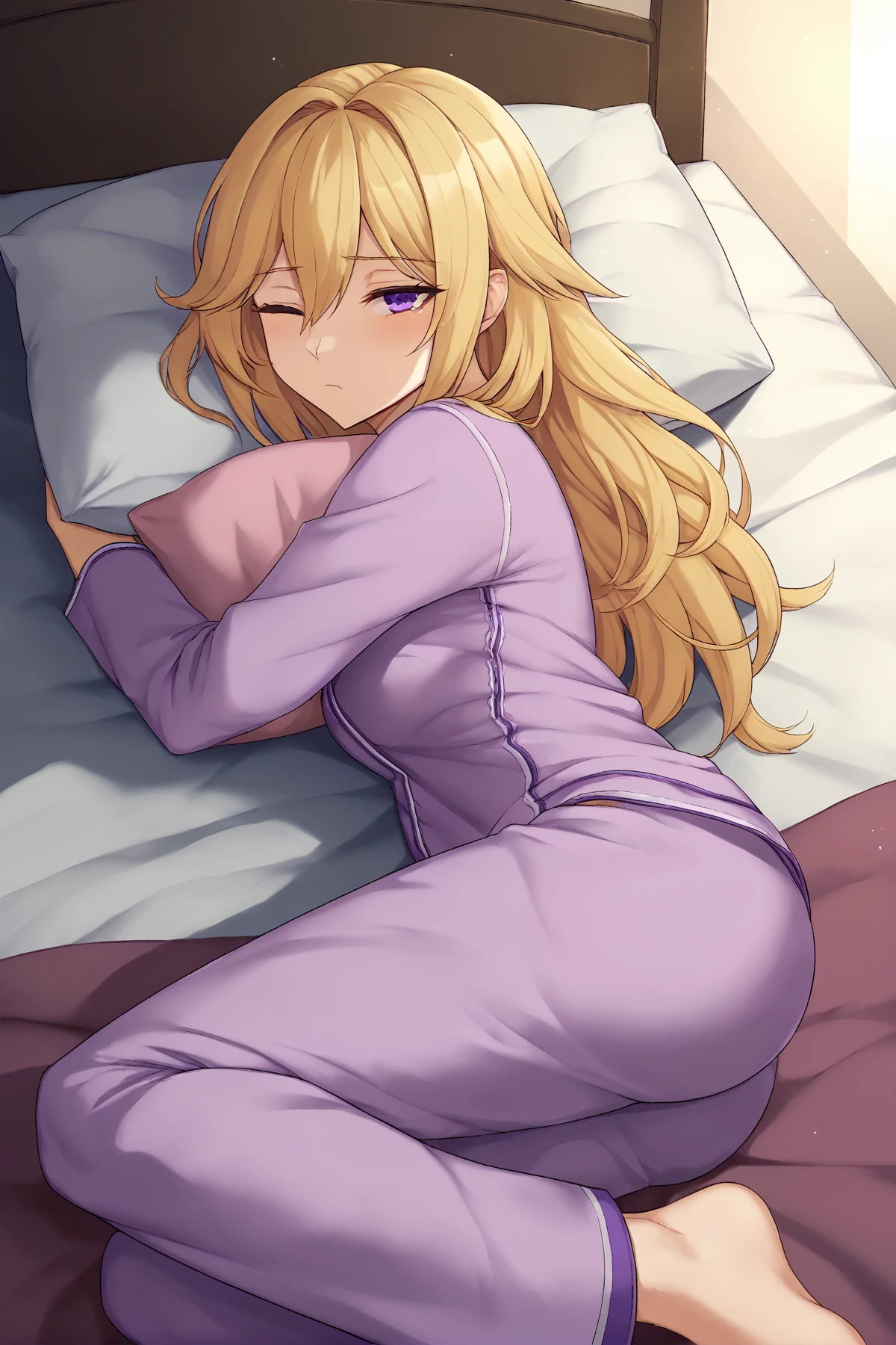 masterpiece, best quality, 1girl, lambda-11, <lora:LambdaV2:1>, blonde hair, ahoge, red eyes, (single braid), braid, medium breasts, <lora:OnesiePJs:0.7>, onesie, on bed, paw pose,