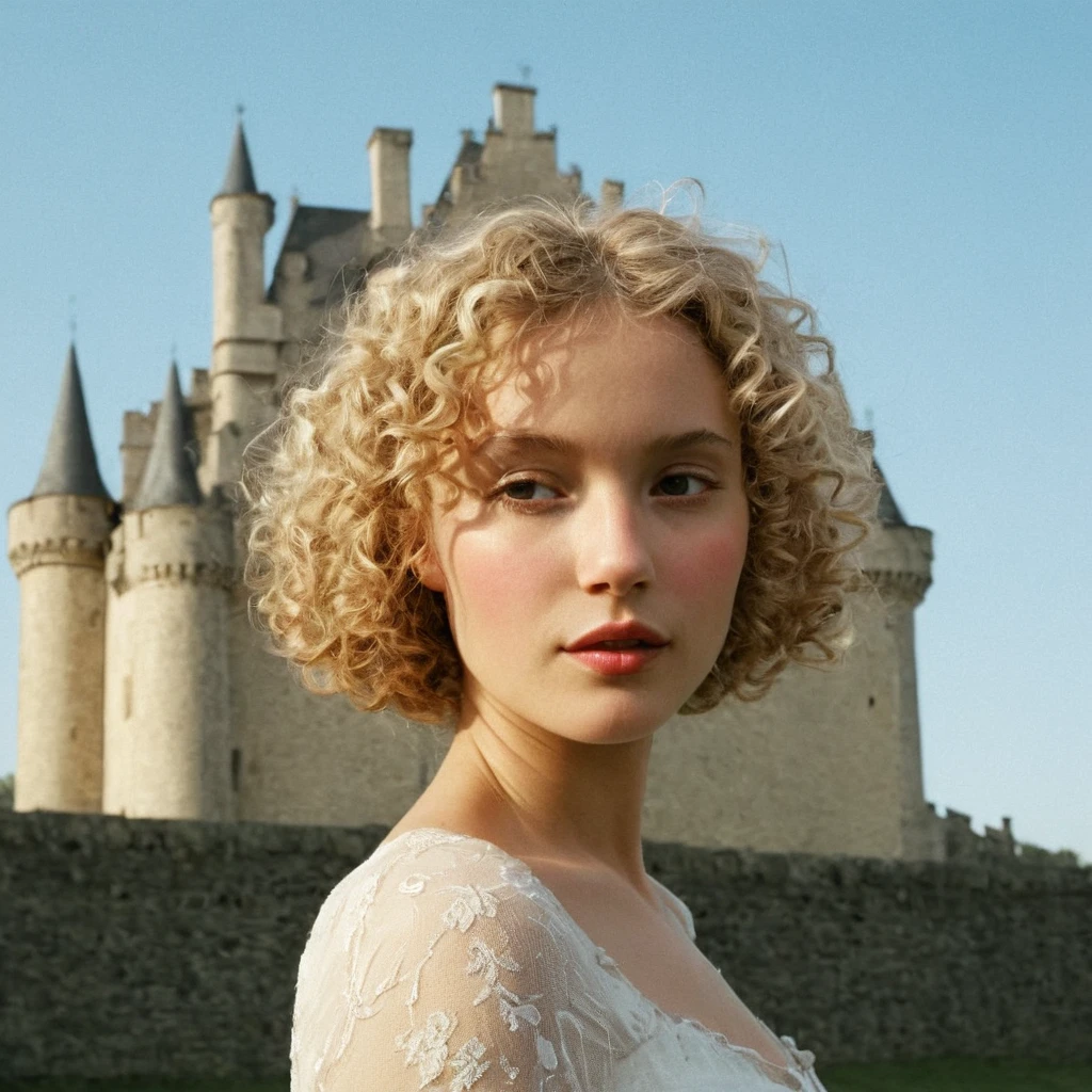 pretty, female, blonde curly pageboy haircut, posing in front of a castle, 35mm film photography