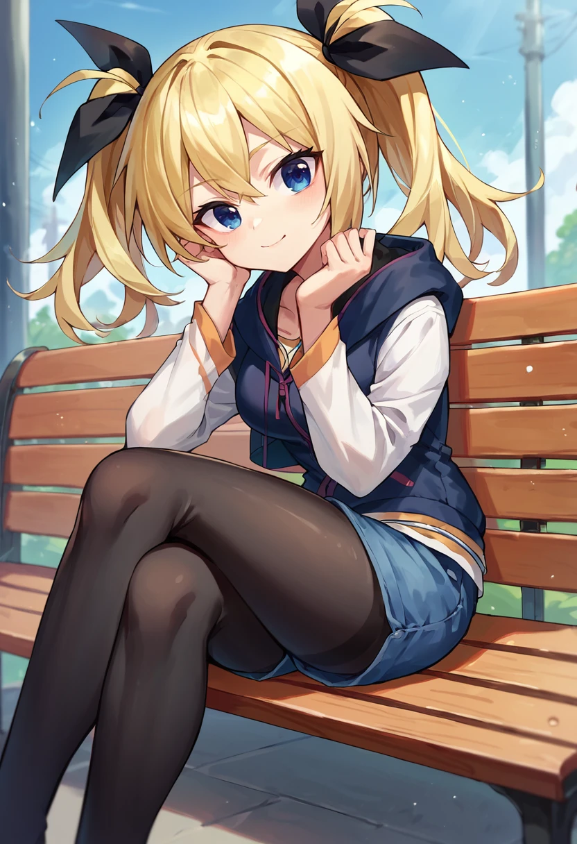 score_9, score_8_up, score_7_up,score_6_up, HinaCasual, blue eyes, blonde hair, twintails, black hair ribbon, black hooded jacket, denim shorts, pantyhose, white sleeves, sitting on bench, crossed legs, <lora:ArimuraPXL5-000011:1>