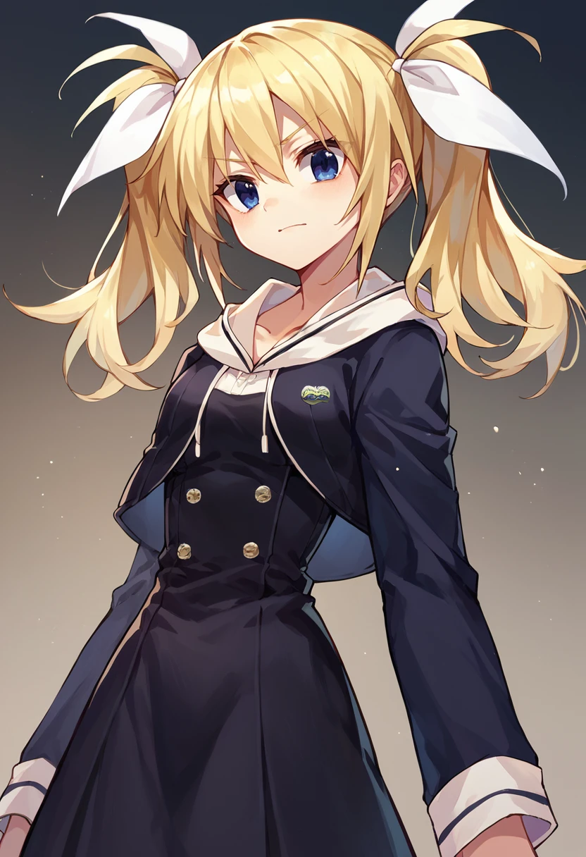 score_9, score_8_up, score_7_up,score_6_up, HinaSchool, blue eyes, blonde hair, twintails, white hair ribbon, black short dress, patch, <lora:ArimuraPXL5-000011:1>