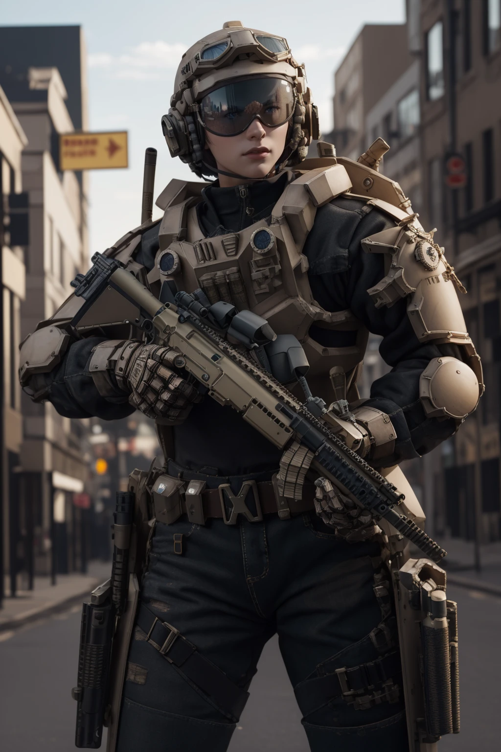 solo,1girl,outdoors,cityscape,(cowboy shot:1.3),<lora:0300 Individual soldier exoskeleton armor suit_v1:0.9>,ruanyi0300,armor,assault rifle,belt,gloves,goggles,holding weapon,m4 carbine,mecha,robot,holding gun,standing,, best quality,masterpiece,highres,official art,extremely detailed cg unity 8k wallpaper