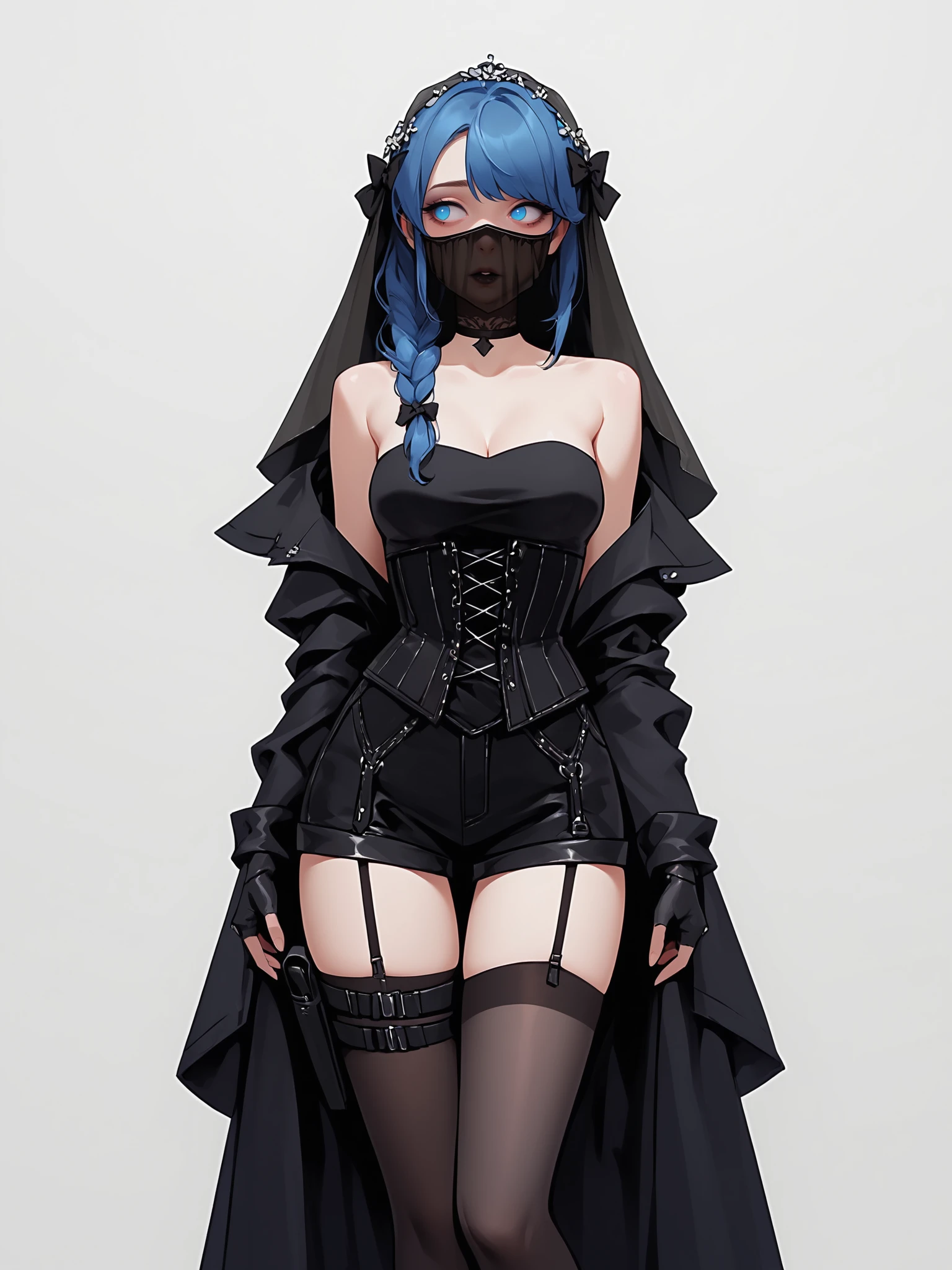 score_9, score_8_up, score_7_up, score_6_up, score_5_up, score_4_up,
BREAK
girl with blue hair, blue eyes, empty eyes, long hair, straight hair, bangs, mature female, black bow, hair bow, braided hair, black pupils, looking away,
BREAK
standing, medium breasts, black tank top, black shorts, black thighhighs, black fingerless gloves, black elbow gloves, strapless, garter straps, choker, (black coat:1.2), black veil, black mouth veil, black bridal veil, corset, (thigh holster:1.1),
BREAK
white background, realistic, <lora:Lunas-NijiJourney-SDXL-B2:1>