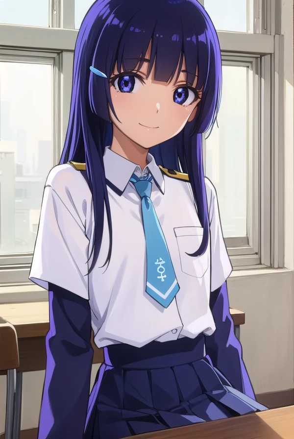 reikaaoki, <lora:reika aoki s1-lora-nochekaiser:1>,
reika aoki, long hair, blue eyes, hair ornament, blue hair, hairclip, hime cut, bangs, blunt bangs, smile,
BREAK skirt, school uniform, necktie, blue necktie, nanairogaoka middle school uniform, blue skirt,
BREAK indoors,classroom,
BREAK looking at viewer, dynamic pose,
BREAK <lyco:GoodHands-beta2:1>, (masterpiece:1.2), best quality, high resolution, unity 8k wallpaper, (illustration:0.8), (beautiful detailed eyes:1.6), extremely detailed face, perfect lighting, extremely detailed CG, (perfect hands, perfect anatomy),