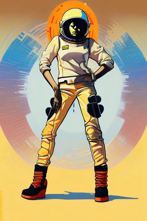 art style by frank miller, astronaut, background, colorful, colorful abstract planetary background, day, fullbody, helmet, high-heeled, legs, lips, multiple girls, pants, raw, science fiction, shoes, solo, standing, stylize, ultrafine details, without