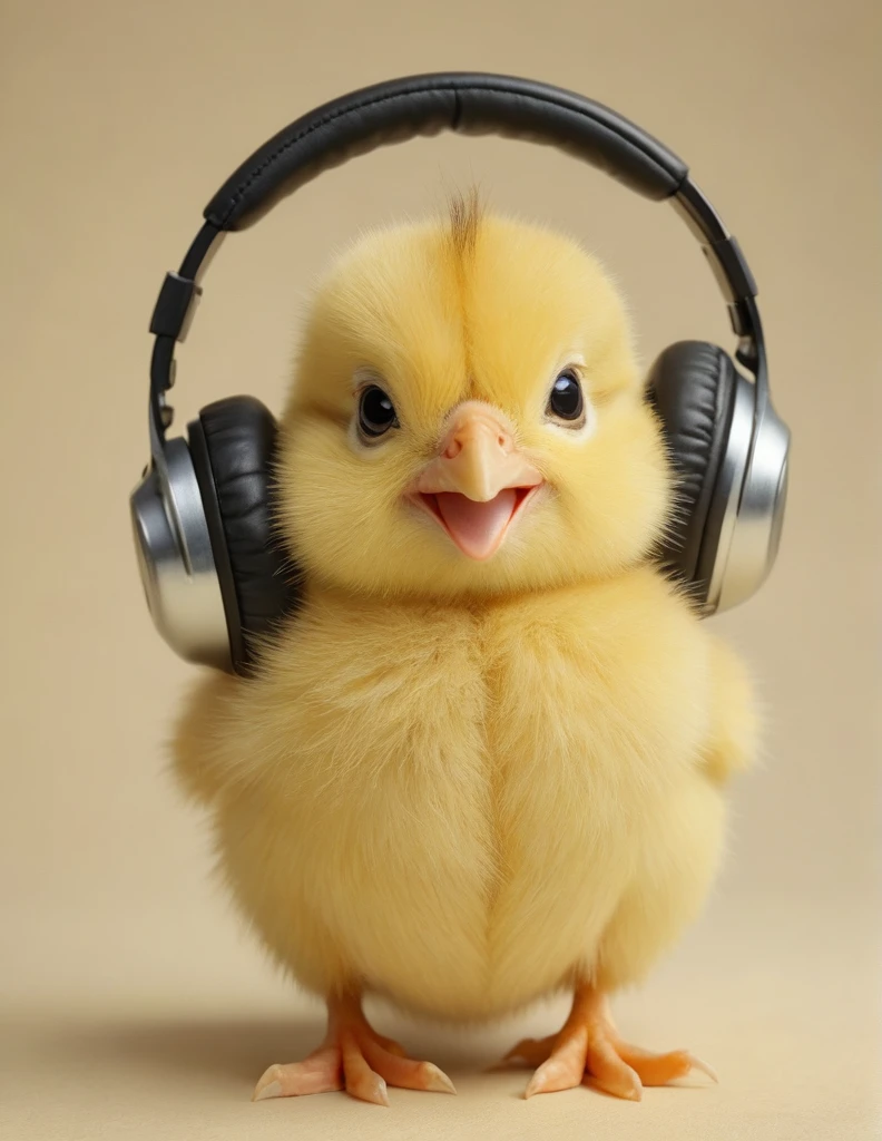 baby chick wearing headphones, cheerful