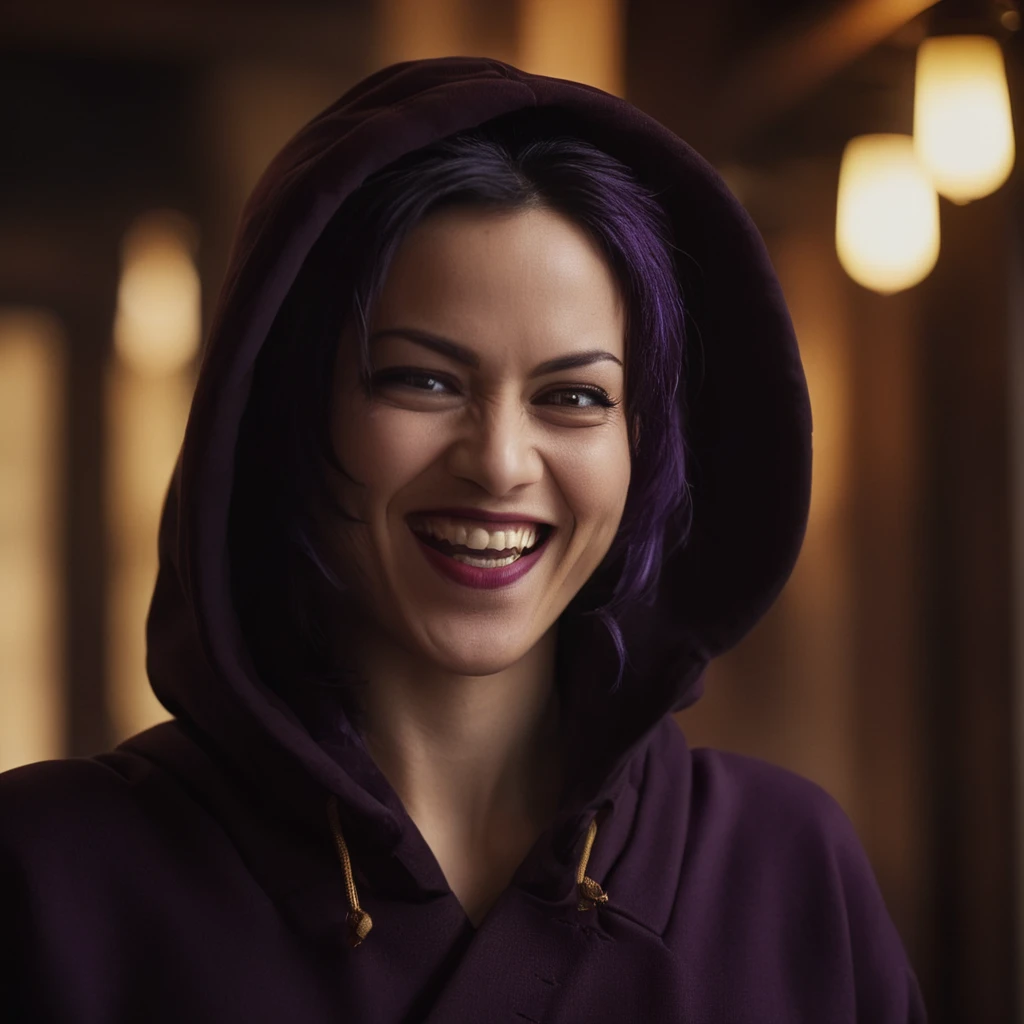 cinematic film still of <lora:Nami kozono:0.9>
Nami kozono a cinematic realistic photo of a sinister woman in a brown hoodie monk rob with an evil laugh smile and dark purple hair and golden brown eyes, shallow depth of field, vignette, highly detailed, high budget, bokeh, cinemascope, moody, epic, gorgeous, film grain, grainy