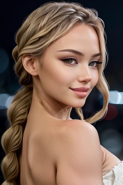 cinematic photo <lora:t3ny3-09:1> t3ny3,looking at viewer, smile, bare shoulders, closed mouth, collarbone, braid, grey background, twin braids,fingernails, eyelashes, single braid, portrait, hair over shoulder, realistic 35mm photograph, film, bokeh, professional, 4k, highly detailed