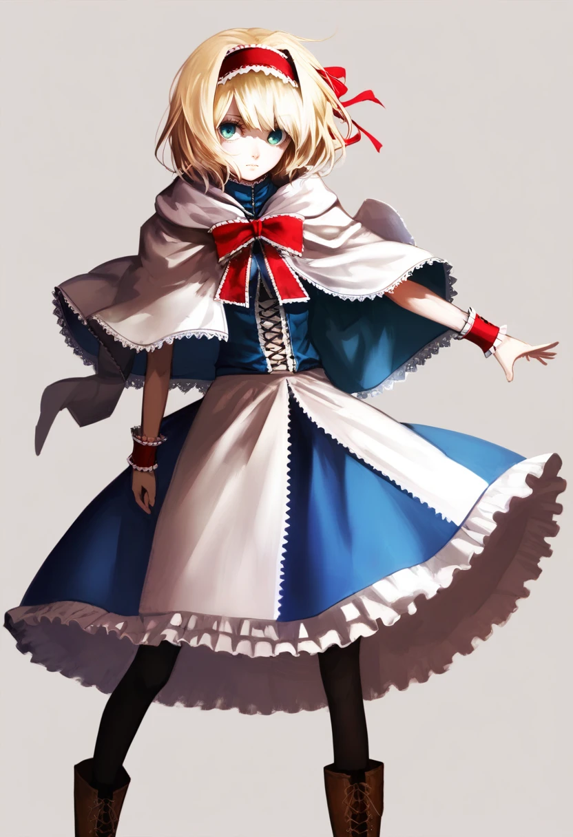 score_9, score_8_up, score_7_up, score_6_up, <lora:DPOXL:1> <lora:banpai akiraXL_JS2_lokr_V12:1>1girl, solo, alice margatroid, blonde hair, boots, pantyhose, capelet, short hair, hairband, ribbon, wrist cuffs, black pantyhose, hair ribbon, green eyes, dress, simple background, blue eyes, cross-laced footwear