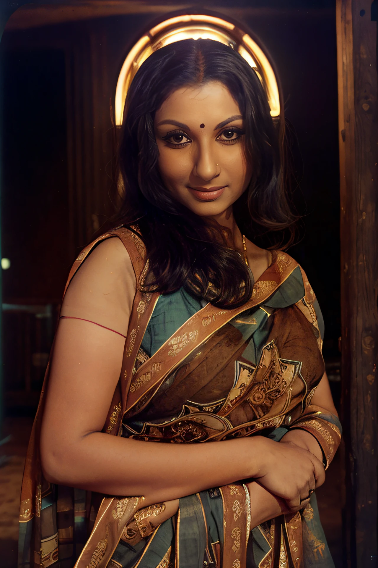 photo of shrm woman, Fisheye-shot, 25yo conservatively dressed woman wearing Brown Saree, looking at camera, cinematic lighting, simple background <lora:shrm_Sharmila_Tagore_SD15_LoRA_prodigy_local_regs_updcaps:1>