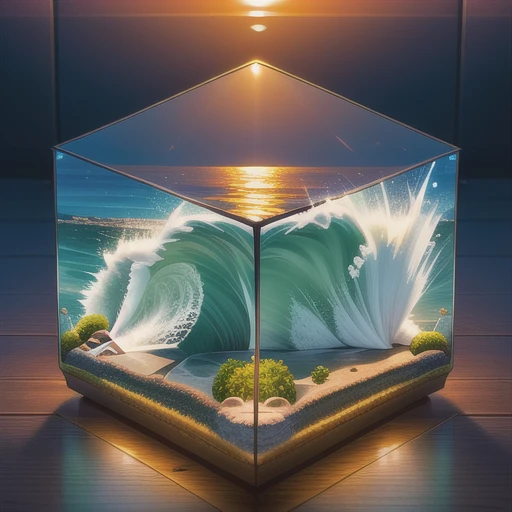 Waves crashing against rugged cliffs at sunset <lora:Just_In_Case:1> terrarium