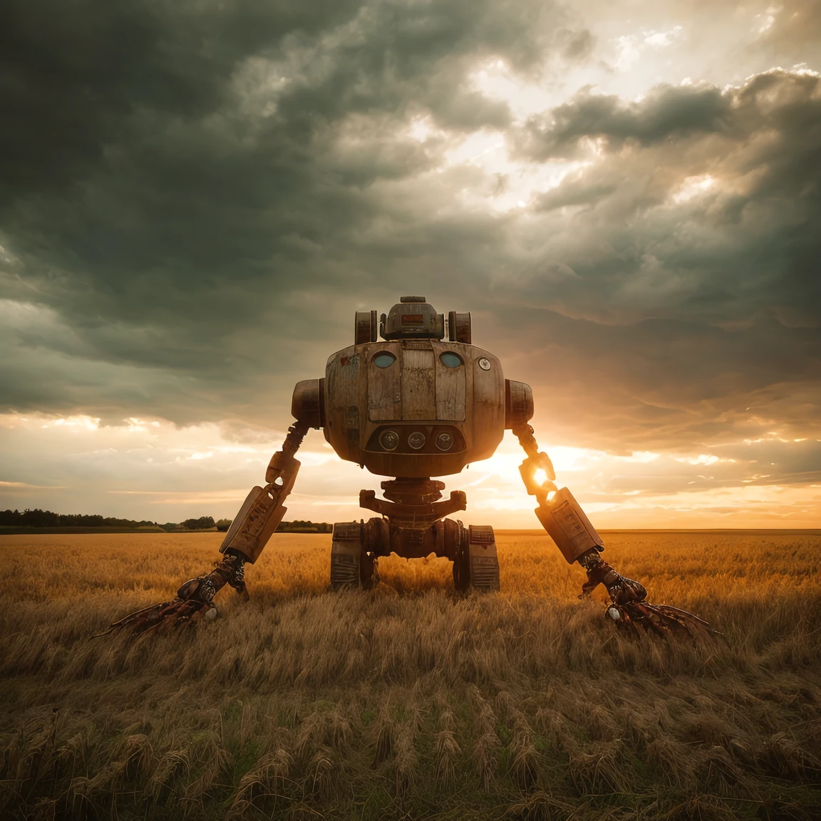 a rusty retro-futuristic robot in a wheat field, stormy godray sky, by simon stalenhag, cinematic, sharp focus, intricate, dramatic light, (abstract narrative:1.1), Canon EOS 5D Mark IV, high emotional impact, experimental photography