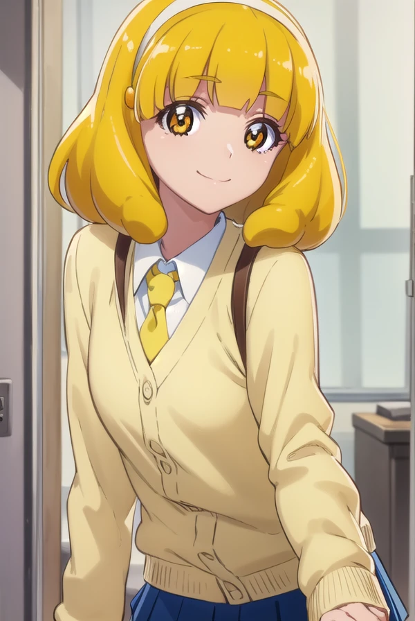 yayoikise, <lora:yayoi kise s1-lora-nochekaiser:1>,
yayoi kise, short hair, blonde hair, (yellow eyes:1.3), hairband, white hairband, smile,
BREAK skirt, school uniform, socks, cardigan, nanairogaoka middle school uniform, yellow cardigan, pleated skirt, blue skirt,
BREAK indoors,classroom,
BREAK looking at viewer, dynamic pose,
BREAK <lyco:GoodHands-beta2:1>, (masterpiece:1.2), best quality, high resolution, unity 8k wallpaper, (illustration:0.8), (beautiful detailed eyes:1.6), extremely detailed face, perfect lighting, extremely detailed CG, (perfect hands, perfect anatomy),