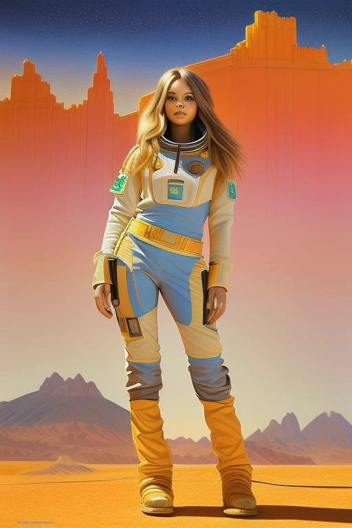 outer space, beautiful color nebula , futuristic space station hall staning full-body portrait: young woman (long brown hair) in a practical astronaut cowgirl outfit, stands confidently against the backdrop of a deserted Eldorado (Wild West town), vibrant day setting with dusty tones, detailed in ultrafine detail.