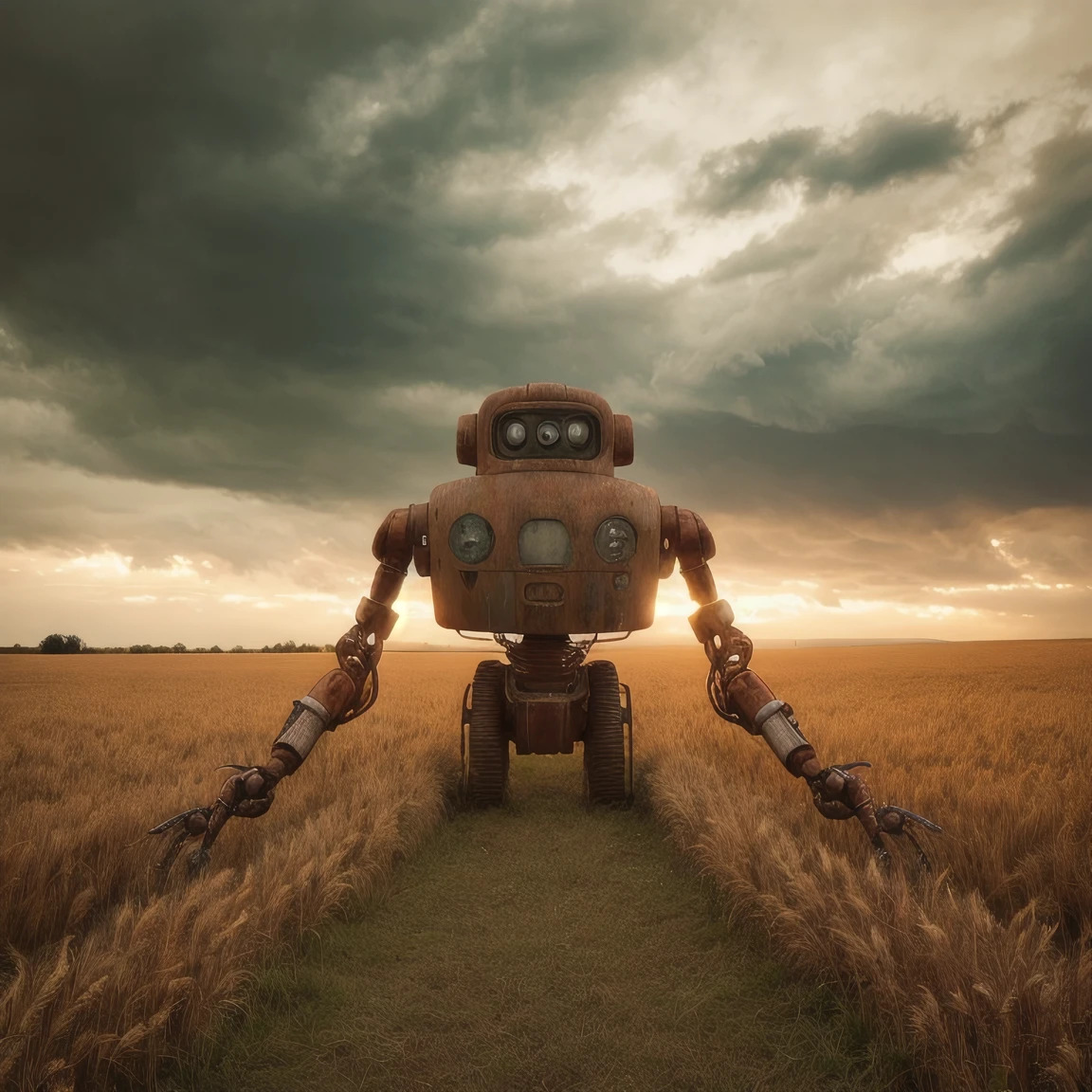 a rusty retro-futuristic robot in a wheat field, stormy godray sky, by simon stalenhag, cinematic, sharp focus, intricate, dramatic light, (abstract narrative:1.1), Canon EOS 5D Mark IV, high emotional impact, experimental photography