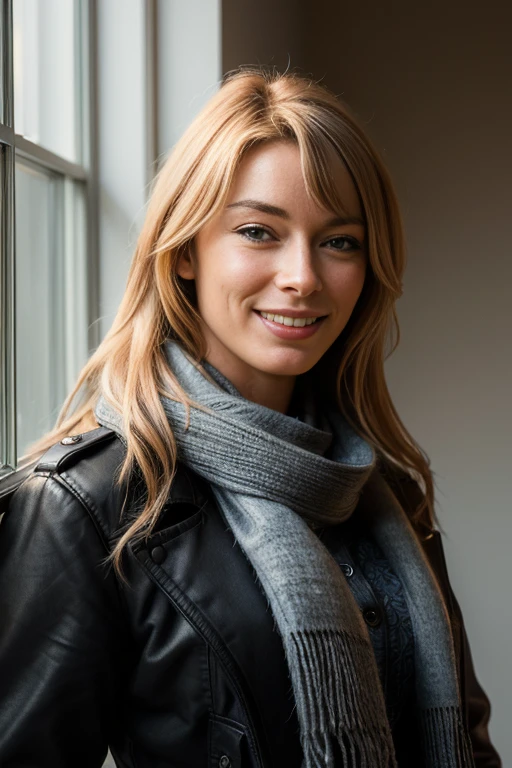 CoxH4bTTXV1A,
a woman wearing a black jacket and scarf standing next to a window with a black jacket on her shoulders, big smile,
(professional photo shooting), (high buget photo), (extremely detailed skin), (flawless skin), (model pose), (highly detailed facial features),
(perfect color grading), (High-quality textures and materials), (perfect lighting and environments), (accurate light and shadow effects), (perfect overall visual quality),
(natural light), (high quality photography), (intricate details), (8k), (HDR), (sharp focus), (medium close-up)