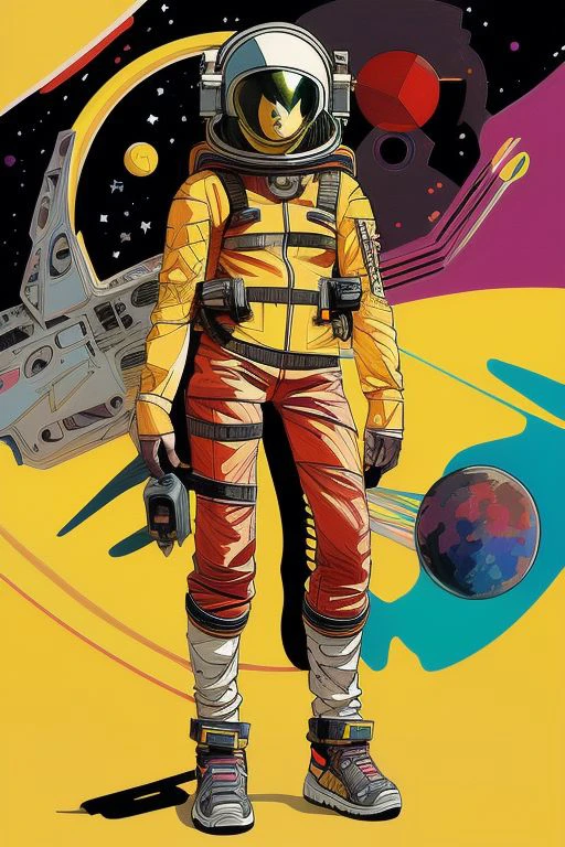 art style by ashley wood, astronaut, background, colorful, colorful abstract planetary background, day, fullbody, helmet, high-heeled, legs, lips, multiple girls, pants, raw, science fiction, shoes, solo, standing, stylize, ultrafine details, without