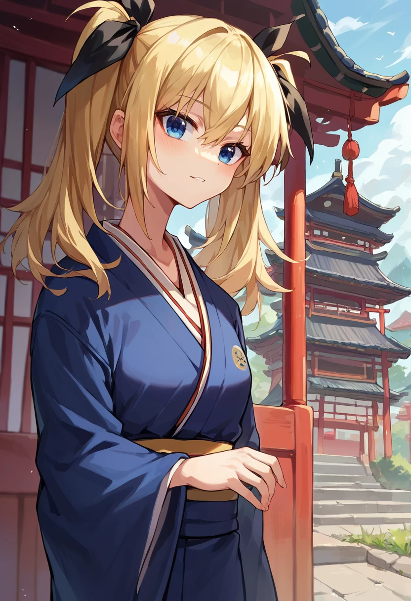 score_9, score_8_up, score_7_up,score_6_up, Hinadef, blue eyes, twintails, blonde hair,black hair ribbon, kimono, outdoors, east asian architecture, <lora:ArimuraPXL5-000011:1>
