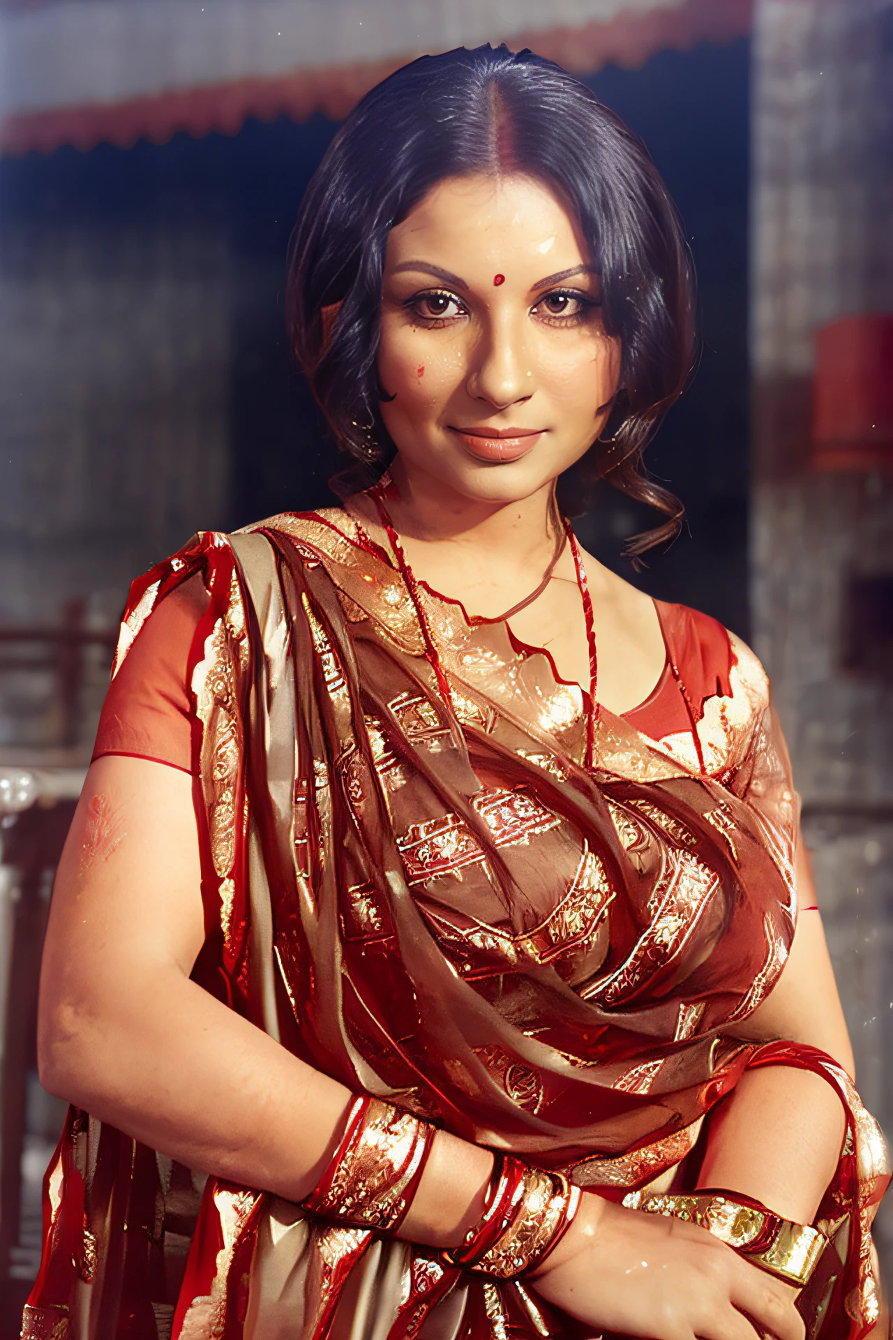 photo of shrm woman, Medium shot, 25yo conservatively dressed woman wearing Red Bomkai Saree (Odisha traditional saree), anatomically accurate, looking at camera, cinematic lighting, simple background  <lora:shrm_Sharmila_Tagore_SD15_LoRA_prodigy_local_regs_updcaps:1>