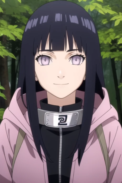((masterpiece)),(best quality),official art,extremely detailed CG,unity 8k wallpaper,ultra detailed,beautiful detailed eyes,extremely detailed face,forest,nature,1girl,solo,upper body,(portrait:1.5),looking at viewer,facing viewer,anime coloring,smile,hyuuga hinata,long hair,black hair,sidelocks,blunt bangs,purple eyes,white eyes,no pupils,forehead protector,konohagakure symbol,long sleeves,purple jacket,hood down,medium breasts,pants,sandals,<lora:Hyuuga Hinata(naruto)>,