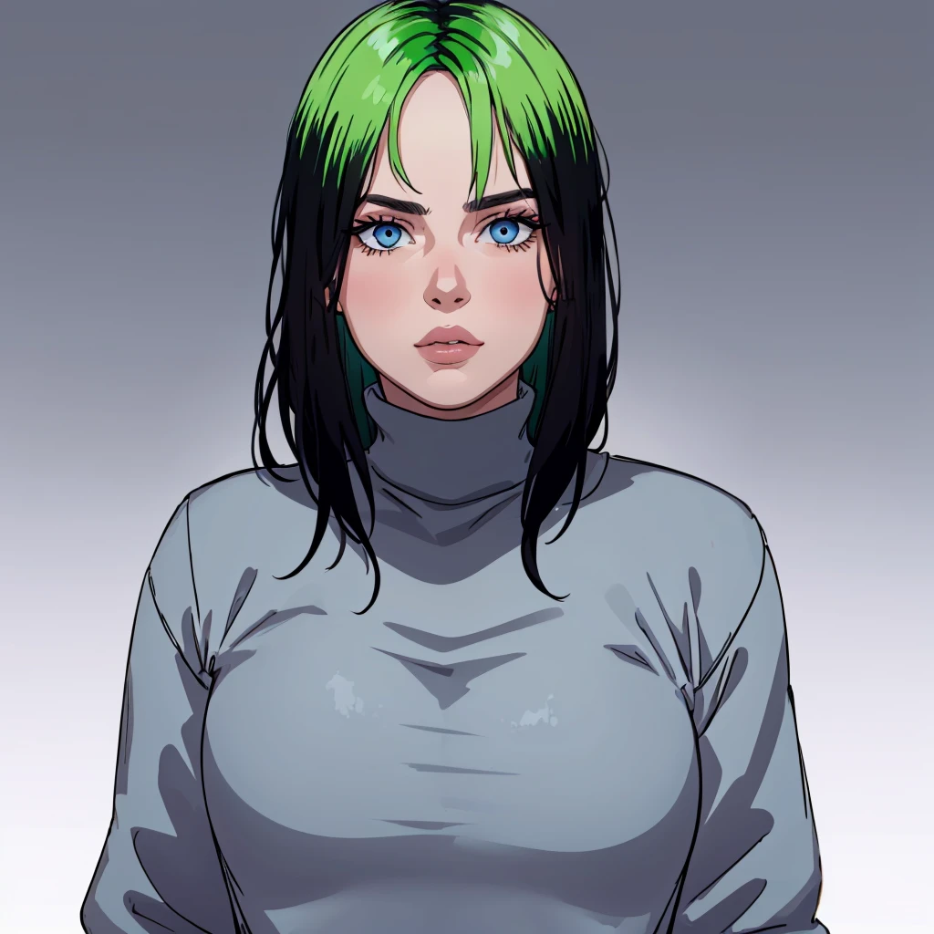 1girl, solo, Billie Eilish,  grey blue eyes, black hair, green hair, lips, makeup, <lora:Billie_Eilish_Leaf1:0.8>,  cowboy shot,   gradient background,  looking at viewer, black turtleneck,