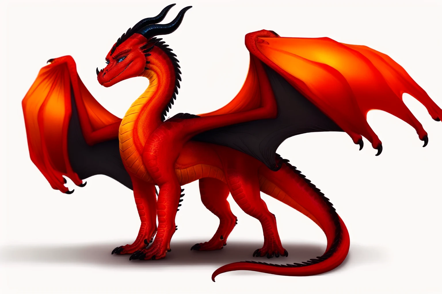 (best quality, high quality:1.4), illustration, realistic, <lora:Skywing-10:1>
(white background)
((side view, standing on four legs, full body))
((feral, solo, female))
(dragon, red, orange chest, orange belly, orange tail, red wings)
((looking at viewer, blue eyes, arrogant, smirk, smug look))
(black horns :1.3), (black wings :1.5), (scales)
