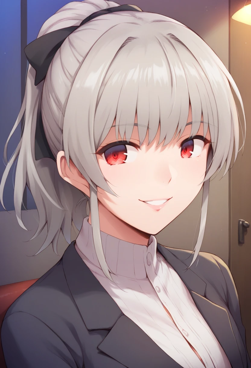 score_9, score_8_up, score_7_up, source_anime, 1girl,red eyes,smile, room, wariza, ponytail,grey hair, portrait, blazer, by marugoshi <lora:Marugoshi-Style-PonyXL-000032:1>