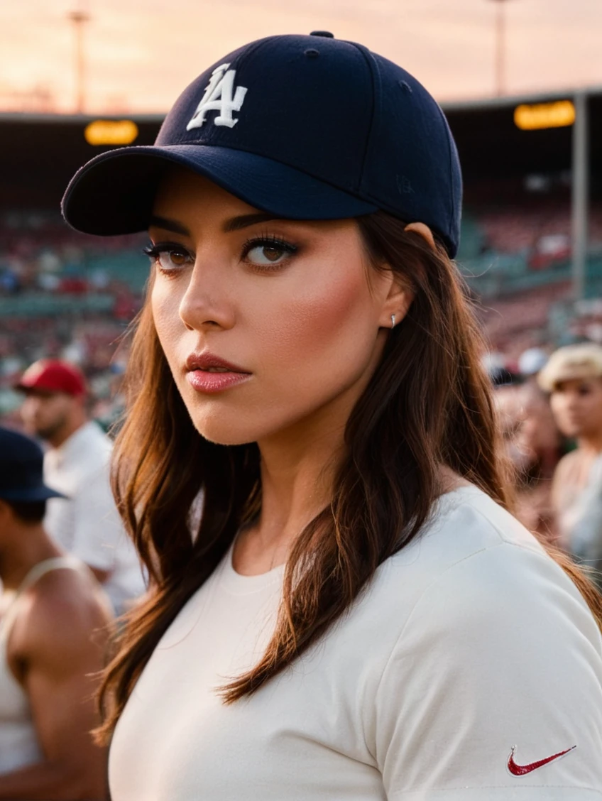 a beautiful picture of 4ubreyXL, detailed skin texture,masterpiece, photorealistic, woman, 4k, backlighting, light, RAW color photo,(fully in frame:1.1), (blush:0.5), (goosebumps:0.5),brunette, <lora:4ubreyXL:1> wearing a baseball cap,face detailed,stadium background