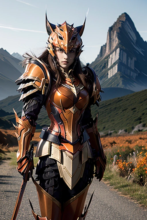 <lora:HXarmour_008:0.7>,hxarmour,1girl,(dark orange armour:1.6),(mountain:1.1),