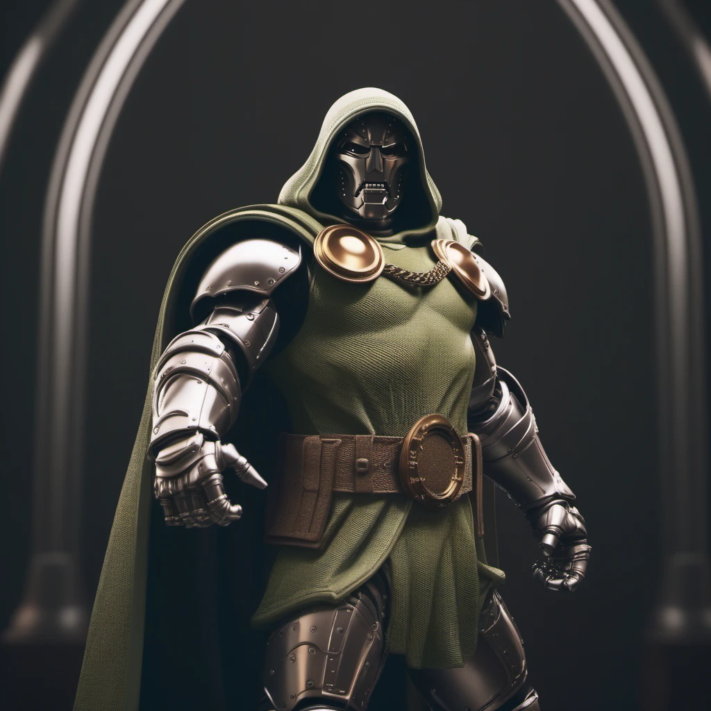 cinematic photo dr doom, full body, with an helmet and a hood, futuristic labotary background <lora:DrDoom1024:0.7> . 35mm photograph, film, bokeh, professional, 4k, highly detailed
