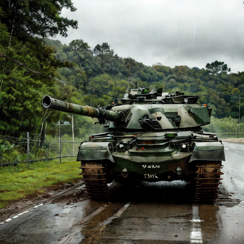 chftntank, ground vehicle, tank, vehicle focus, pulp_comic, heavy_lines, hand_drawn, hand_inked, hand_colored, jungle, road, vines, undergrowth, mud, rain, grey_sky, bushes,