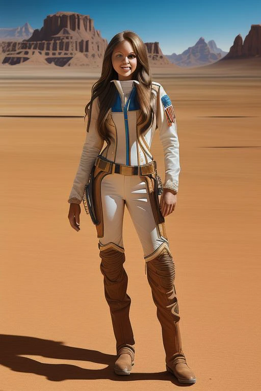 full-body portrait: young woman (long brown hair) in a practical astronaut cowgirl outfit, stands confidently against the backdrop of a deserted Eldorado (Wild West town), vibrant day setting with dusty tones, detailed in ultrafine detail.