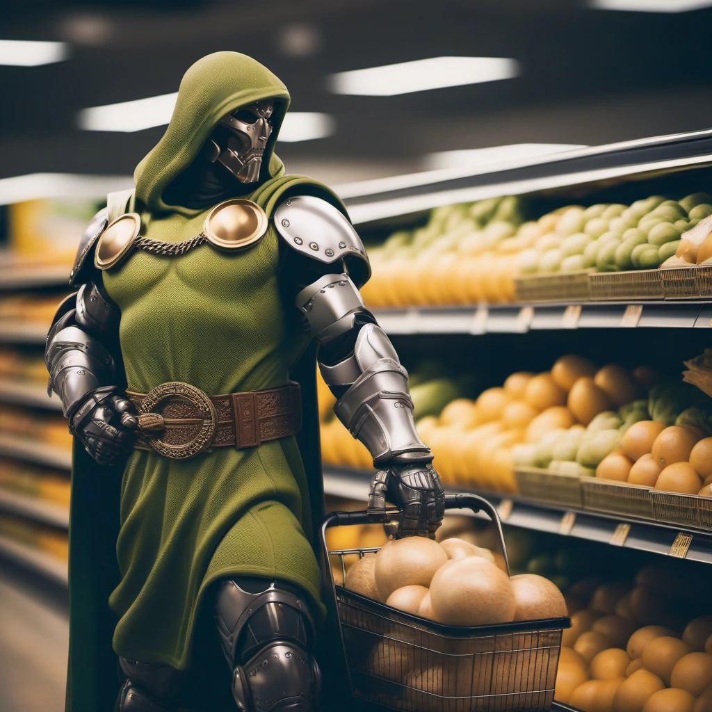 cinematic photo DrDoom1024, full body, a man with a mask and a hood ((grocery shopping)), wallmart <lora:DrDoom1024:0.8> . 35mm photograph, film, bokeh, professional, 4k, highly detailed