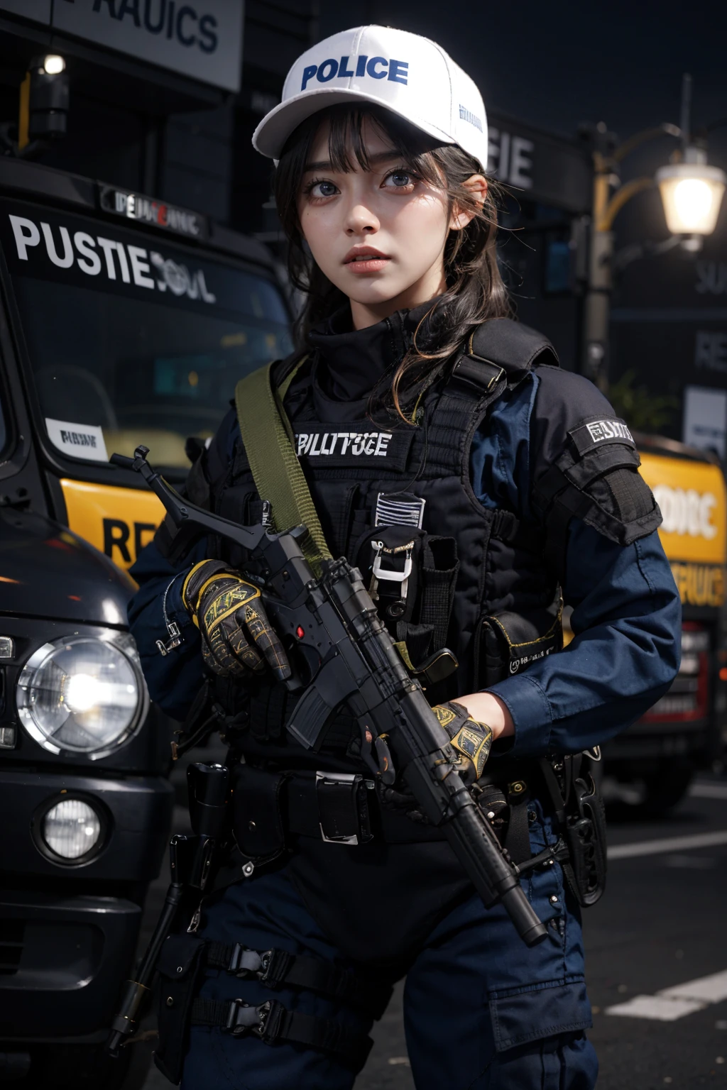 solo,outdoors,cityscape,<lora:0299 New York City Police Department_v1:0.9>,ruanyi0299,baseball cap,belt,boots,bulletproof vest,police uniform,holding weapon,h&k mp5,submachine gun,(cowboy shot:1.3),standing,1girl,, (incredibly absurdres, ultra-detailed,CG ,unity ,8k wallpaper),(masterpiece),(realistic),(photorealistic:1.2),(raw photo:1.2), (best quality:1.2), (detailed face :1.4),(beautiful detailed eyes :1.2),(detailed hair),light on face, huge filesize ,cinematic lighting, 1 girl ,sexy,