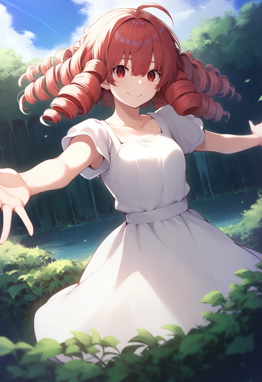 score_9, score_8_up, score_7_up, source_anime, 1girl,red eyes,smile, outdoors, best quality, red hair, ringlets, outstretched arms, white sundress, by nekodaruma <lora:Nekodaruma-Style-PonyXL:1>