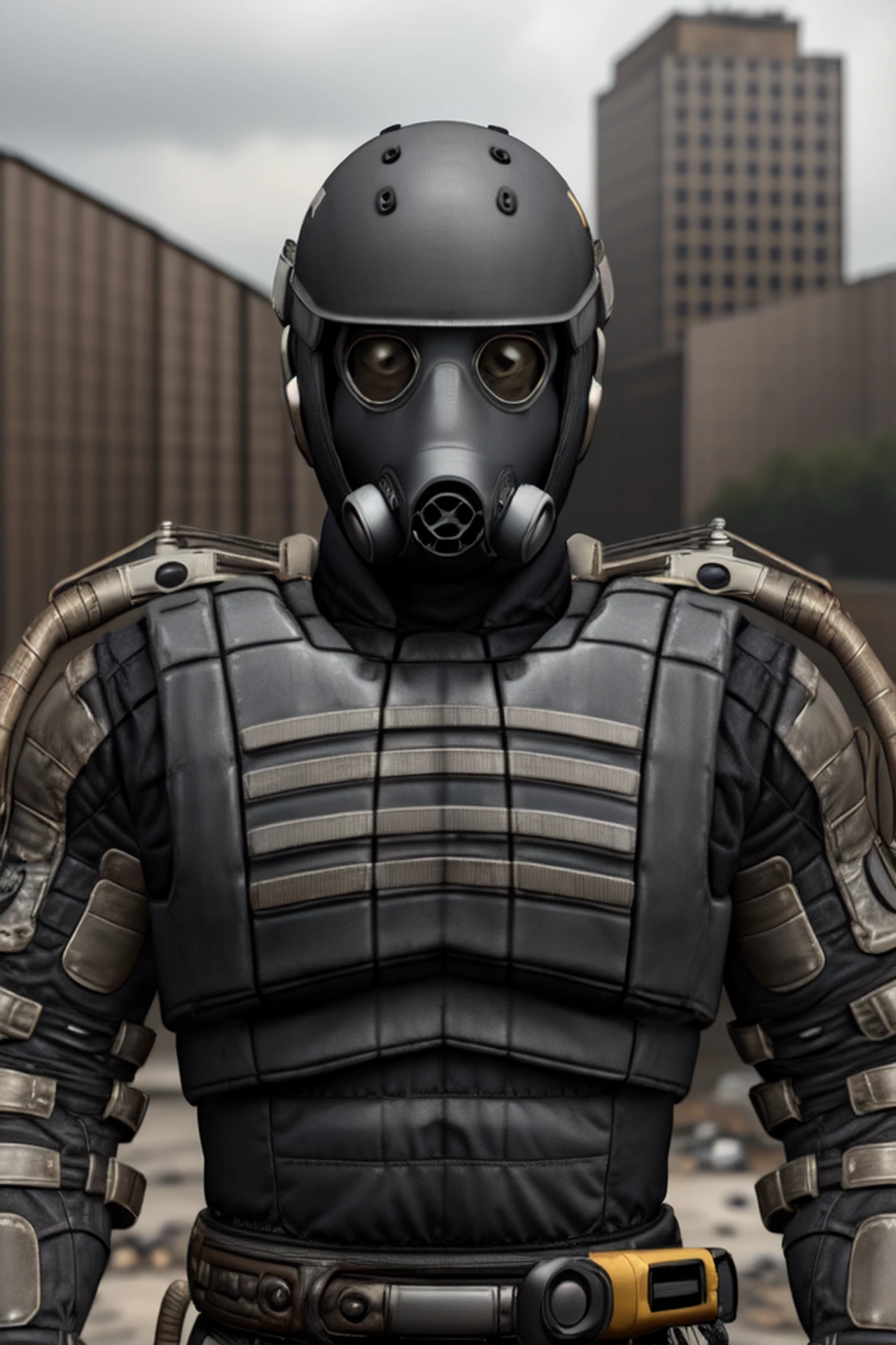 (best quality, masterpiece:1.2), 1boy, solo, standing, sci-fi armour, helmet, gas mask, no face, gray colour scheme, post-apocalypse, abandoned soviet buildings on background, gloomy atmosphere, 3d render,  (close up:1.5), <lora:STALKER_Exosuit__Exoskeleton__Экзоскелет:0.7>