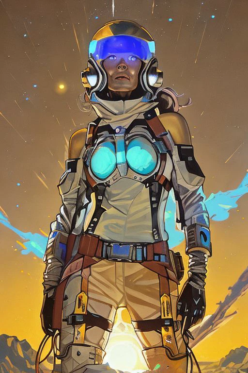 A seasoned, yet breathtaking space cowgirl, etched with the harsh tales of the cosmos, stands resolute against the desolate expanse of Eldorado. Her futuristic, chrome and neon spacesuit, a fusion of cowboy swagger and alien technology, hangs loosely, revealing the off-the-shoulder design beneath. Through the open helmet, a determined face peers out, squinting against the harsh, electric blue sun. A lone, nebula-like star casts a shimmering, violet glow upon her features, highlighting the mix of resilience and contemplation etched in her eyes. The space cowgirl's presence, a stark contrast to the emptiness that surrounds her, embodies the stoic spirit of a pioneer in this forgotten corner of the universe. (Standard rectangles)