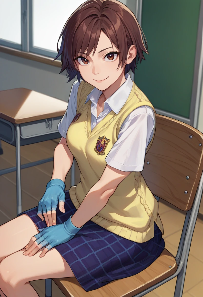 score_9, score_8_up, score_7_up, source_anime, solo, 1girl, asukaschool, smile, looking at viewer, sitting, chair, yellow sweater, sweater vest, white shirt, short sleeves, fingerless gloves, plaid skirt, indoors, classroom <lora:tekken_asukakazama_ponyXL:1>