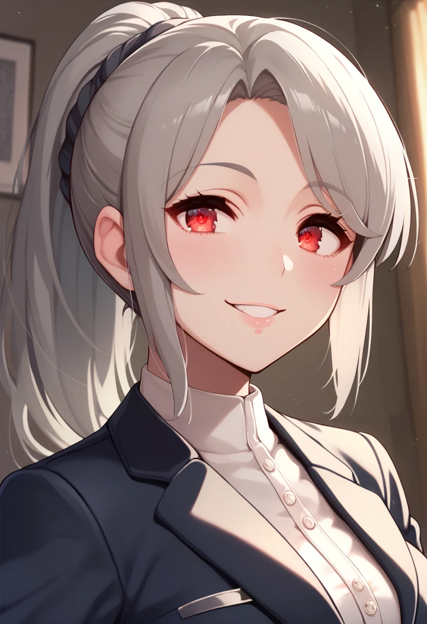 score_9, score_8_up, score_7_up, source_anime, 1girl,red eyes,smile, room, ponytail,grey hair, portrait,hand on hip,  blazer, by jewelmilk  <lora:Jewelmilk-Style-PonyXL-000024:1>