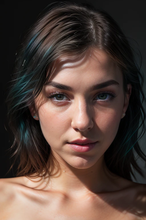 A beautiful girl with blue hair, (best quality, 4k, highres, masterpiece:1.2), ultra-detailed, (realistic:1.37), detailed face and features, long eyelashes, vibrant colors, soft lighting, (oil painting), vivid blue hair, (detailed eyes), glittering hair accessories, (fashionable outfit), graceful pose, (natural background), dream-like atmosphere. nude big 