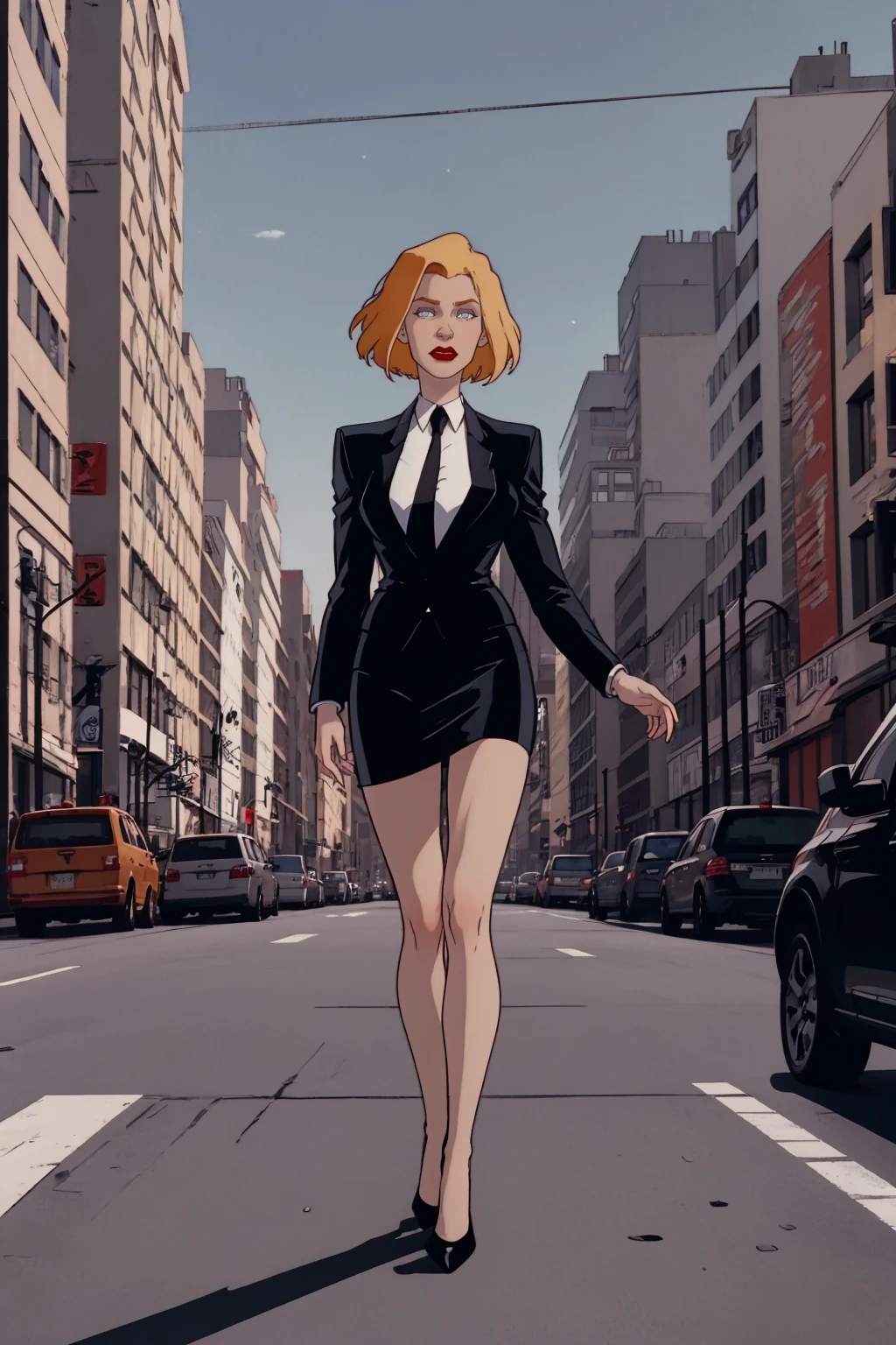 masterpiece, best quality,
1girl, agentl, blonde hair, short hair, blue eyes, red lips, makeup, suit, jacket, long sleeves, necktie, white shirt, skirt, high heels,
full body, solo, looking at viewer, buildings, street, new york street background <lora:AgentL:1>