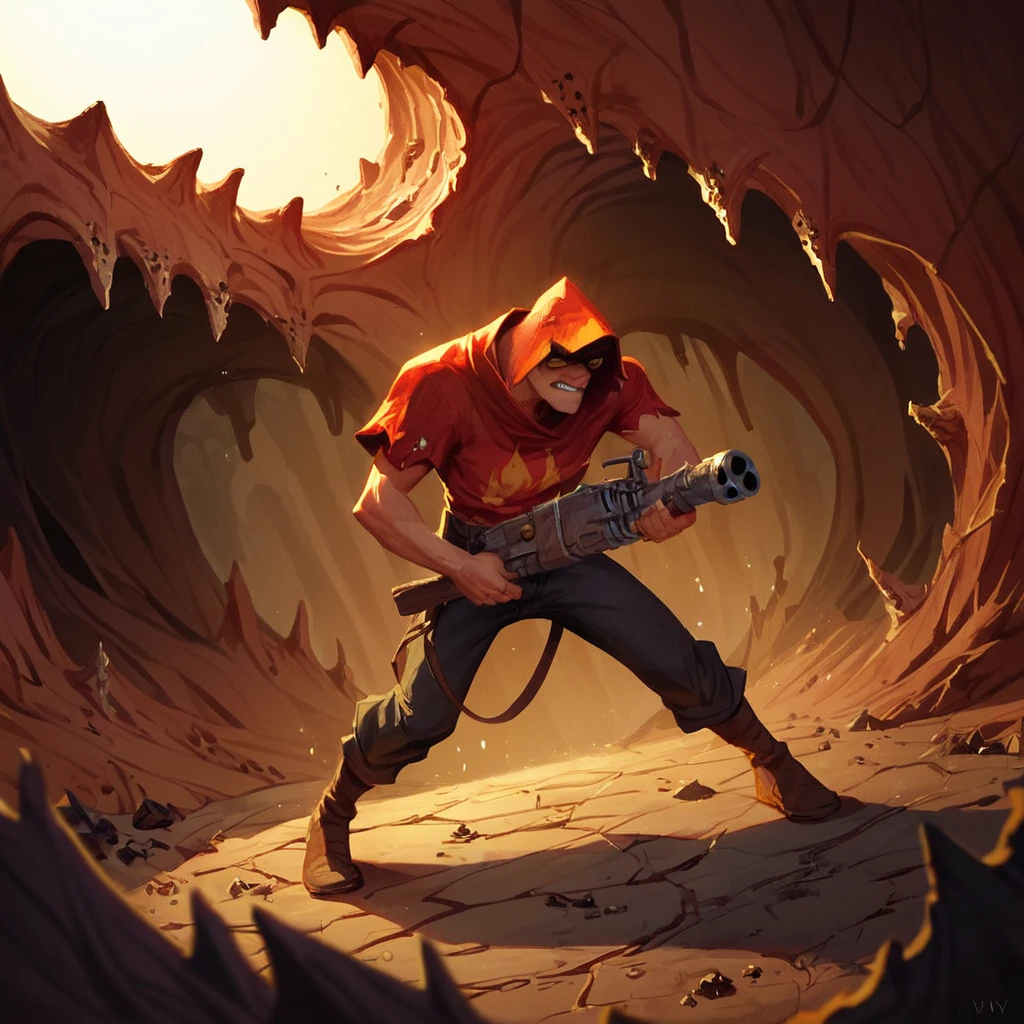 score_9, score_8_up, score_7_up, source_cartoon, a criminal aims a (a hvyflamer weapon), underhive,