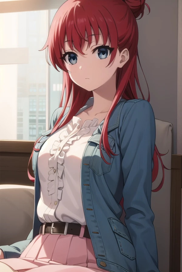 shizukasakaki, <lora:shizuka sakaki s1-lora-nochekaiser:1>,
shizuka sakaki, long hair, blue eyes, red hair, hair bun, single hair bun,
BREAK skirt, jacket, blue jacket, white shirt, frills, frilled shirt, pink skirt, belt, denim jacket,
BREAK indoors, office,
BREAK looking at viewer, dynamic pose,
BREAK <lyco:GoodHands-beta2:1>, (masterpiece:1.2), best quality, high resolution, unity 8k wallpaper, (illustration:0.8), (beautiful detailed eyes:1.6), extremely detailed face, perfect lighting, extremely detailed CG, (perfect hands, perfect anatomy),