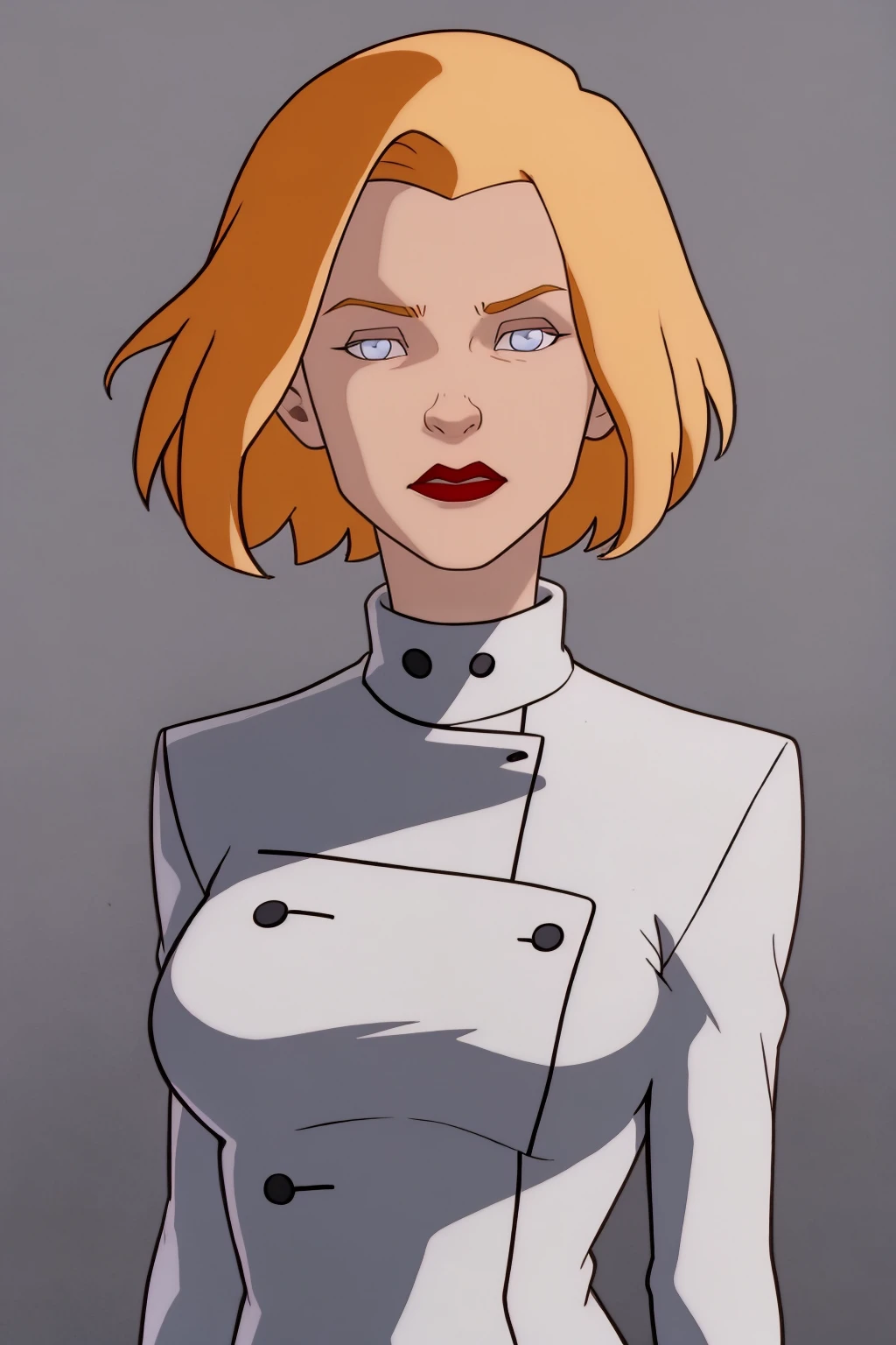 masterpiece, best quality,
1girl, agentl, blonde hair, short hair, blue eyes, red lips, makeup, white coat,
upper body, solo, looking at viewer, simple background, solid grey background    <lora:AgentL:1>