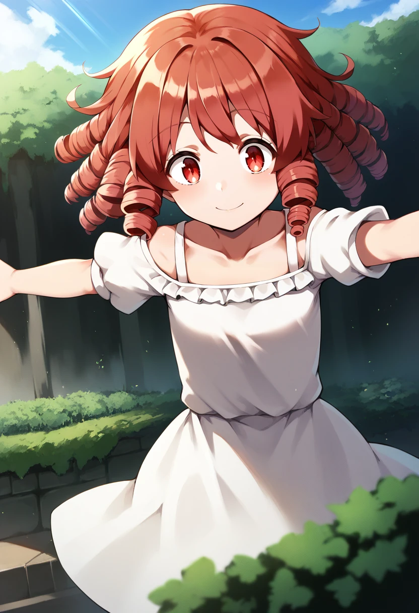 score_9, score_8_up, score_7_up, source_anime, 1girl,red eyes,smile, outdoors, best quality, red hair, ringlets, outstretched arms, white sundress, by hota <lora:Hota-Style-PonyXL-000034:1>