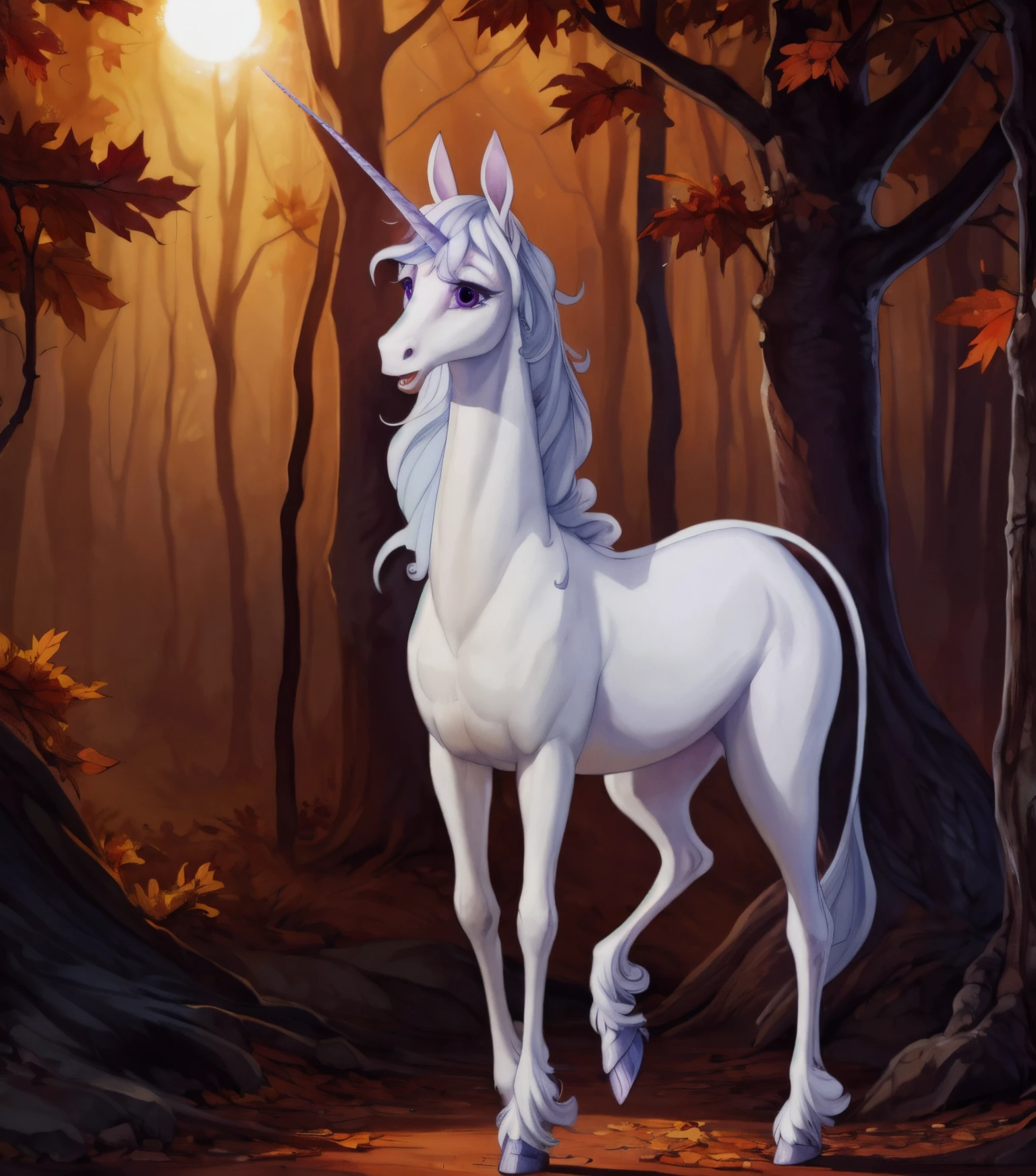 solo, feral, (unicorn), blue hooves, (ankle tuft), Amalthea, (amalthea (tlu)),(the last unicorn ),(large eyes),equine, (purple star on forehead), (thin legs), (one horn), open mouth, talking, (big eyes), (anime), (mythological equine), (light blue mane), detailed eyes, slender, tall, gracile, (eyelashes ),(purple eyes), curly hair, white body, white coat, (standing), tail, full body view, (front view), (side view:0.5), looking at viewer, day time, sun, warm colors, warm lighting, autumn forest, magic, (magic glow), in a lush fantasy forest, (best quality), masterpiece, best quality, 4k, 2k, (high detail),{1-4$$by Faustsketcher|by Jessie Willcox Smith|by Albert Marquet|by Cyril Rolando|by TheSecretCave|by Patto} <lora:Amalthea:0.85>